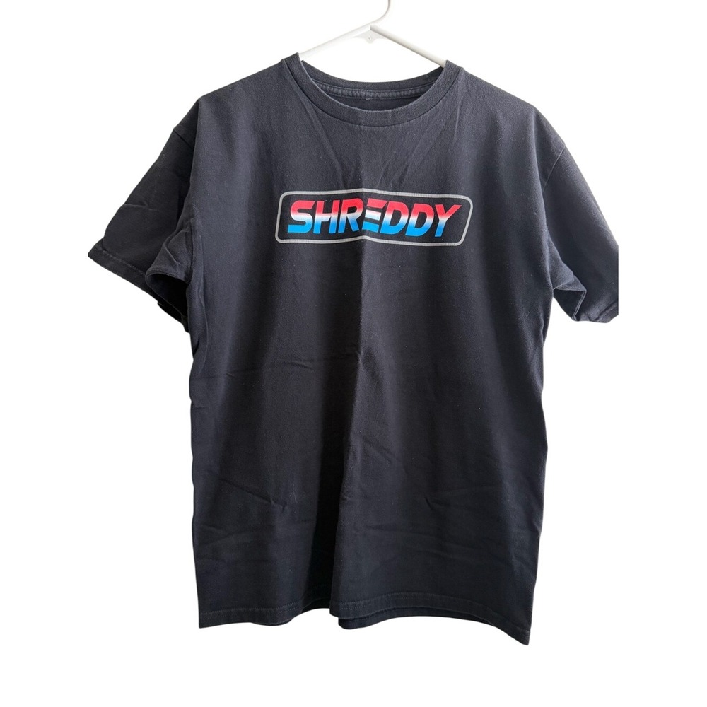 SHREDDY Black Red White Blue Logo Graphic T-Shirt Size Medium